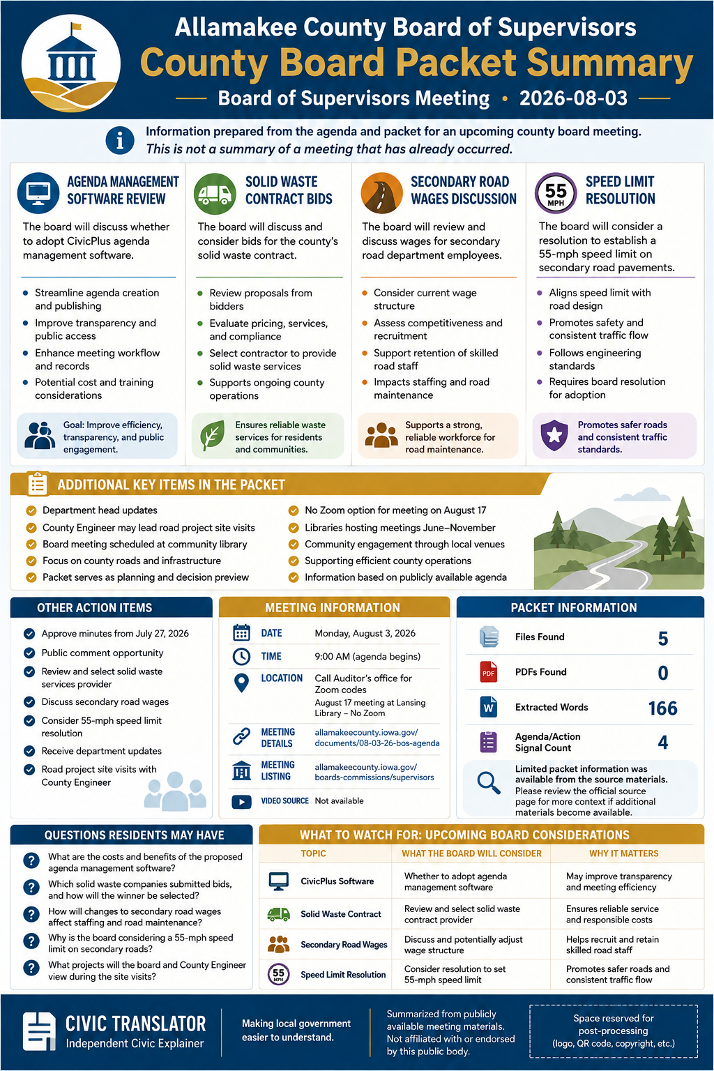 Allamakee County Board of Supervisors — Board of Supervisors Meeting Packet Summary — August 3, 2026 infographic