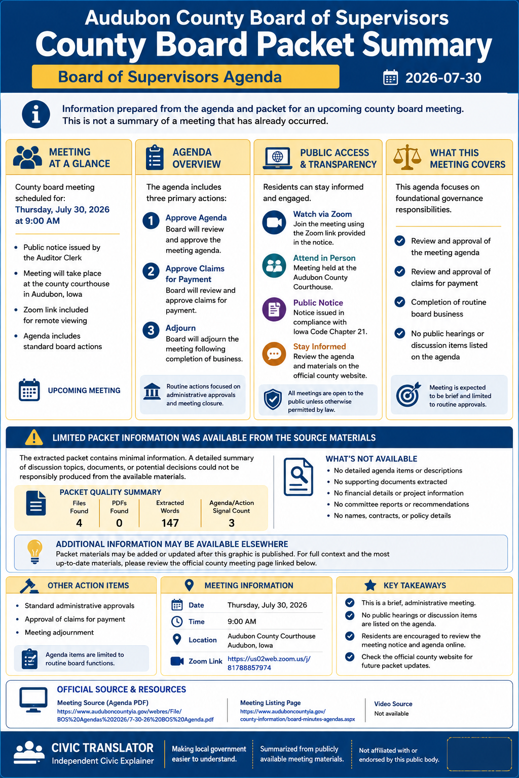 Audubon County Board of Supervisors — Board of Supervisors Meeting Packet Summary — July 30, 2026 infographic
