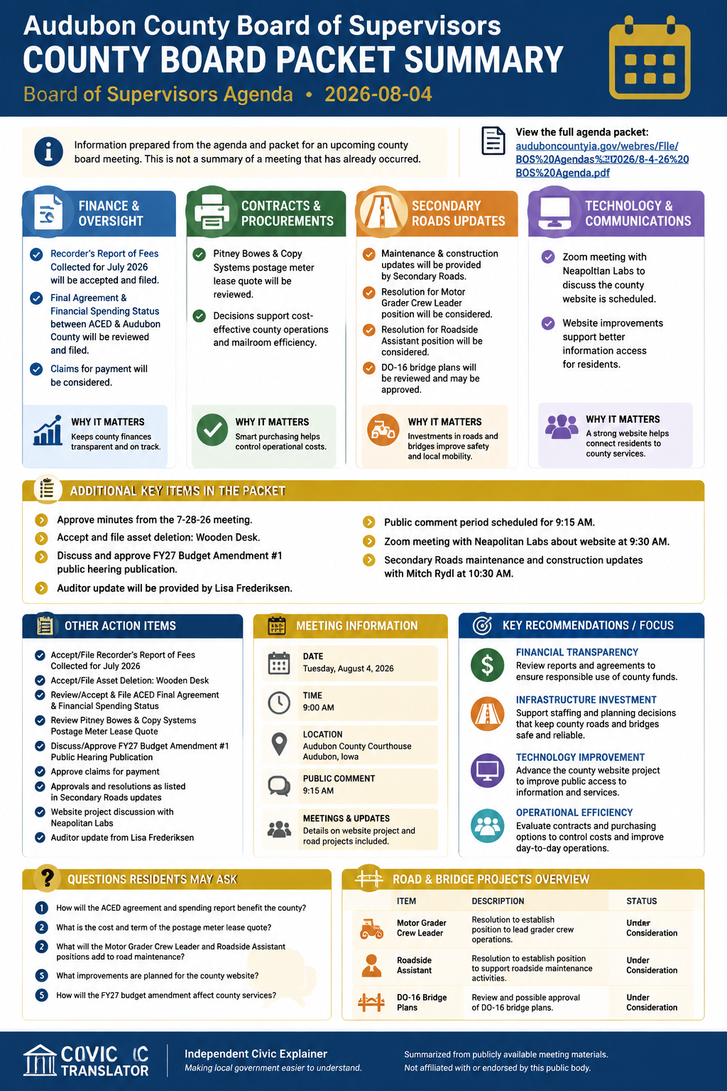 Audubon County Board of Supervisors — Board of Supervisors Meeting Packet Summary — August 4, 2026 infographic