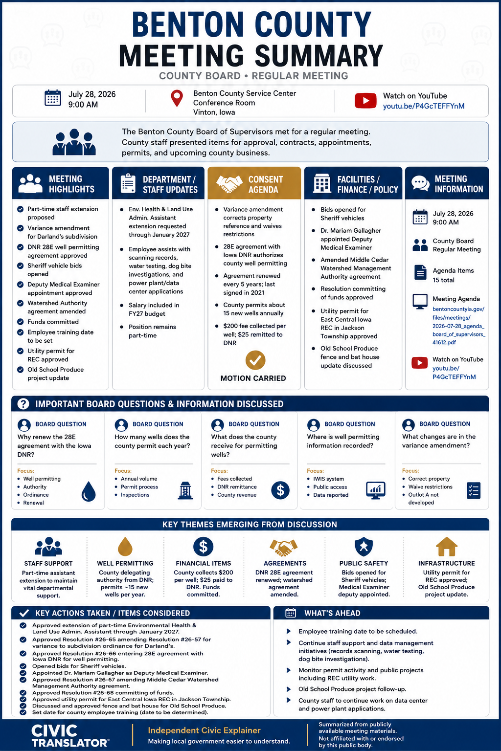 Benton County — Board of Supervisors Meeting Summary — July 28, 2026 infographic