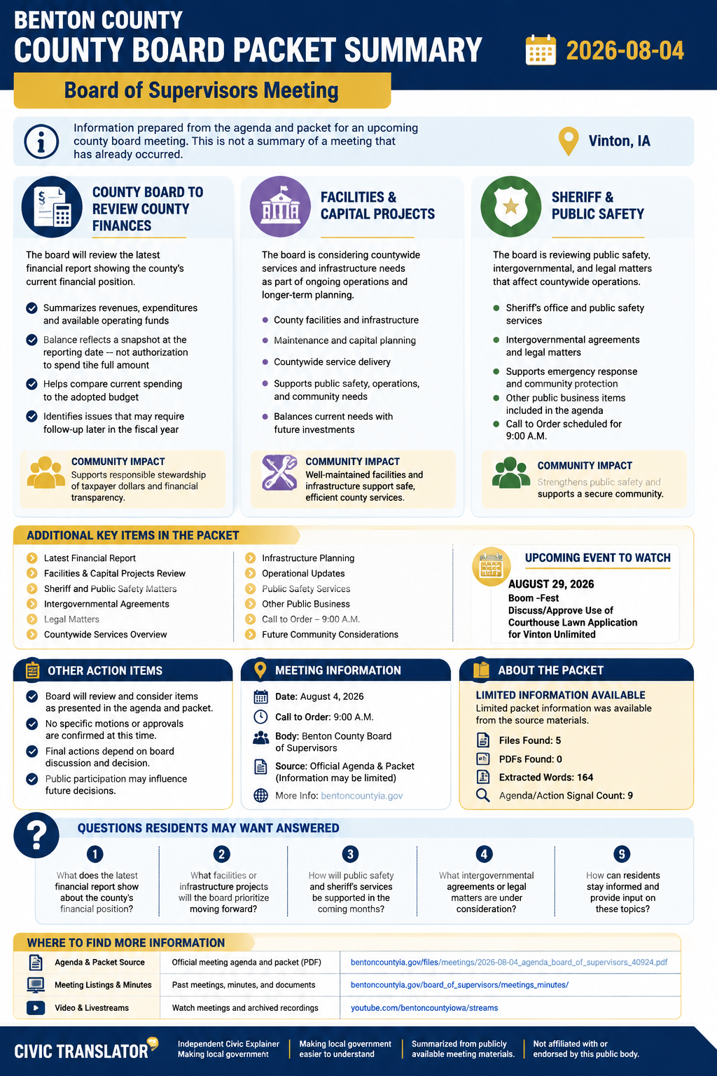 Benton County — Board of Supervisors Meeting — Packet Summary — August 4, 2026 infographic