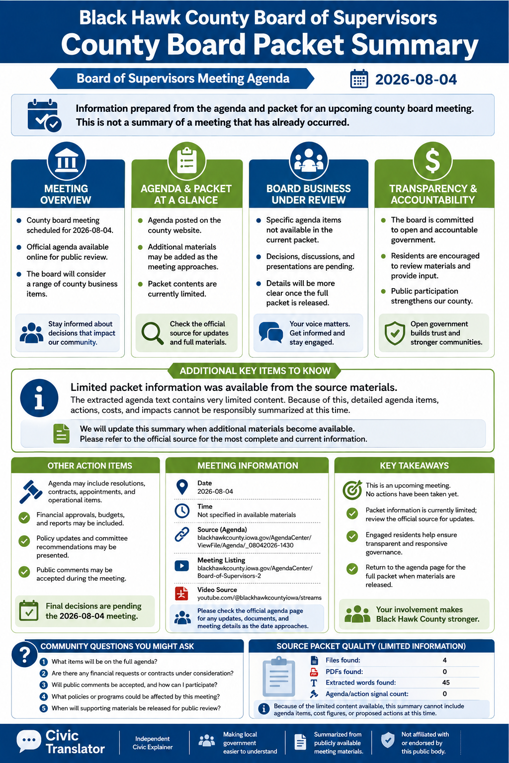 Black Hawk County Board of Supervisors — Board of Supervisors Meeting Packet Summary — August 4, 2026 infographic