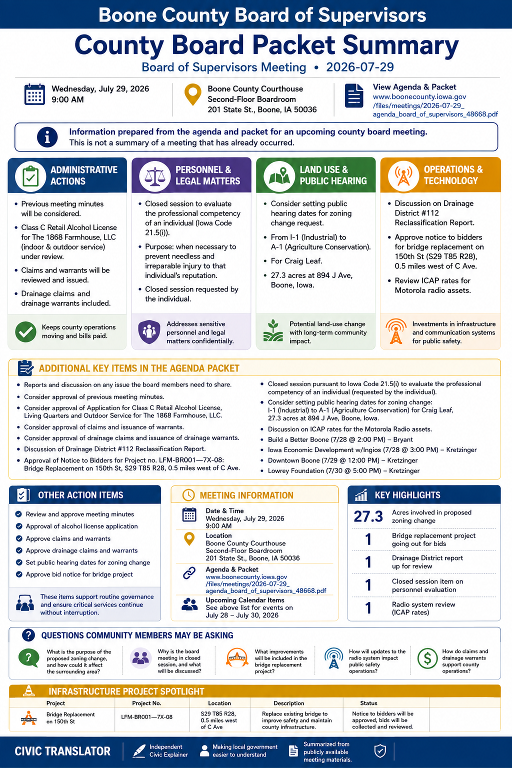 Boone County Board of Supervisors — Board of Supervisors Meeting Packet Summary — July 29, 2026 infographic