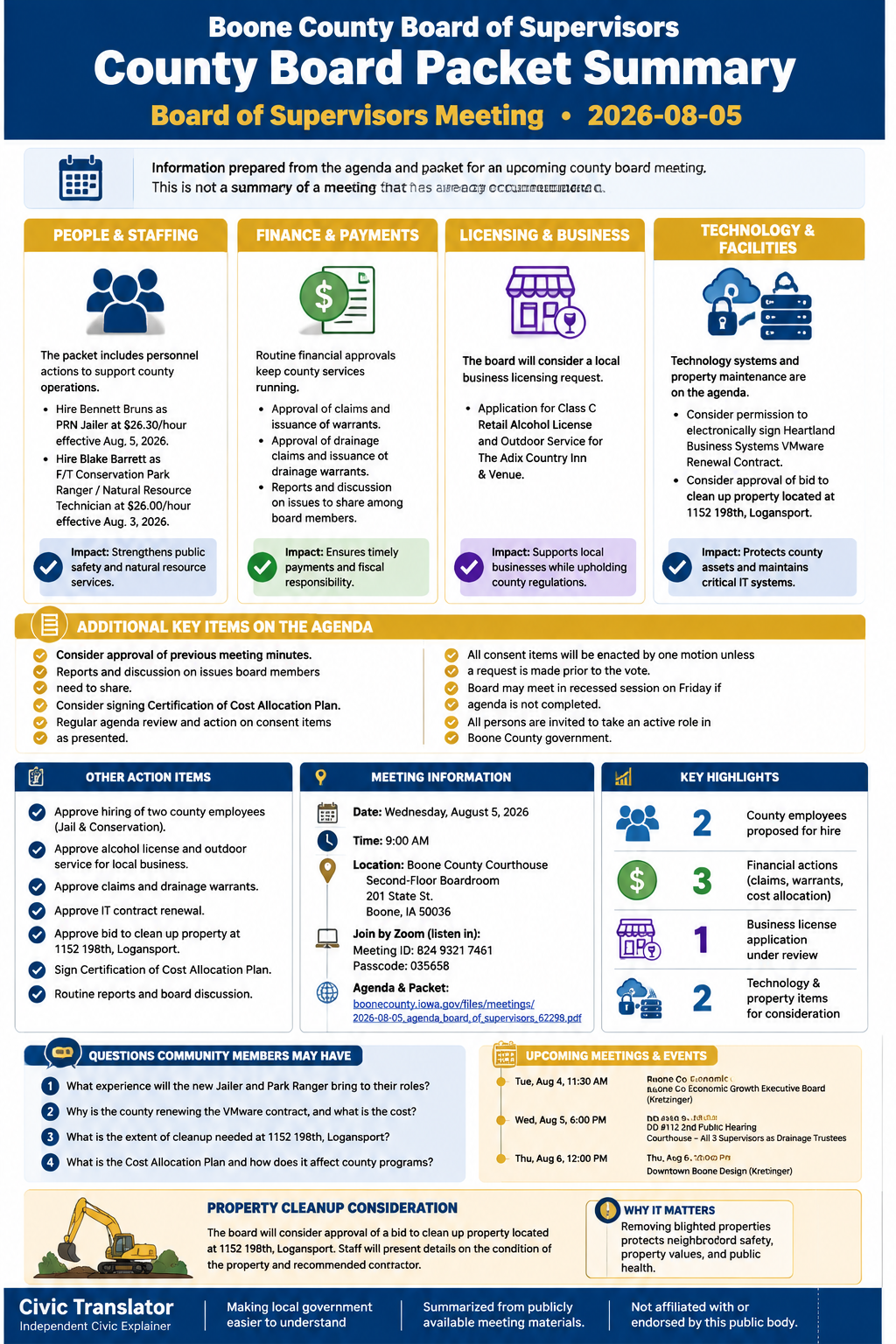 Boone County Board of Supervisors — Board of Supervisors Meeting — Packet Summary — August 5, 2026 infographic