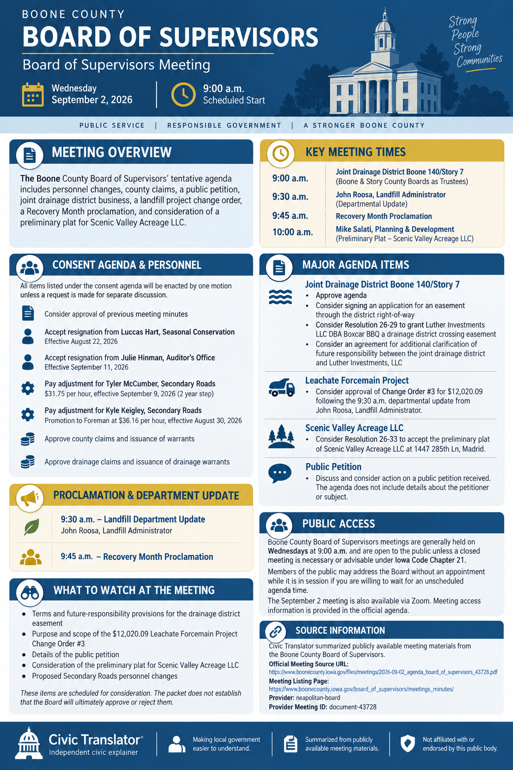 Civic Translator agenda summary infographic for Boone County Board of Supervisors on September 2, 2026