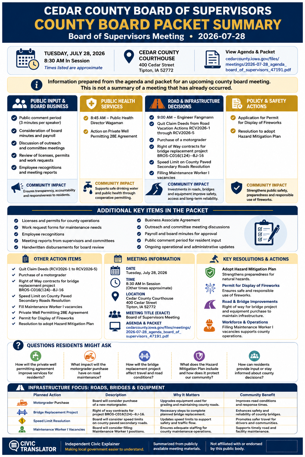 Cedar County Board of Supervisors — Board of Supervisors Meeting Packet Summary — July 28, 2026 infographic