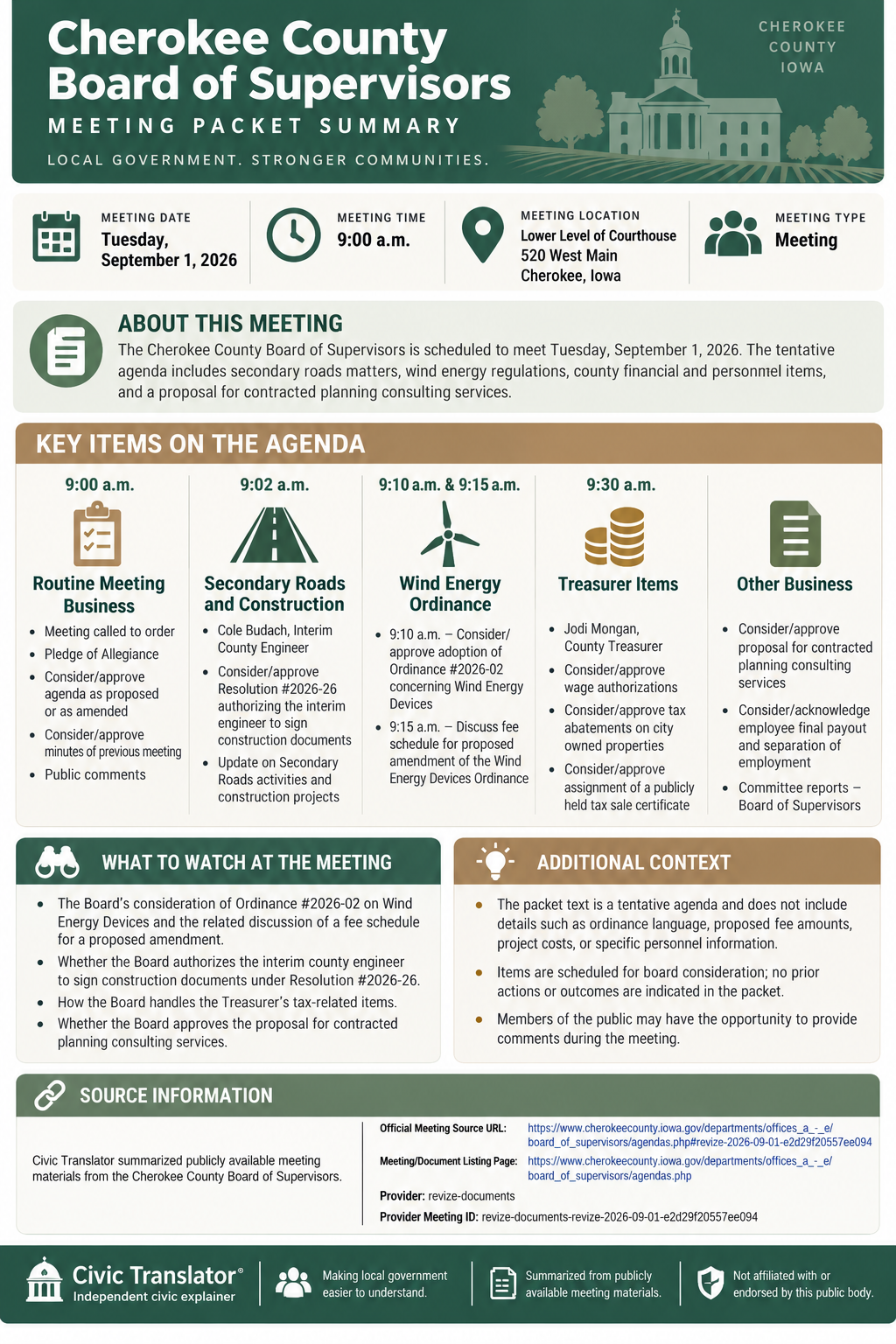 Civic Translator agenda summary infographic for Cherokee County Board of Supervisors on September 1, 2026