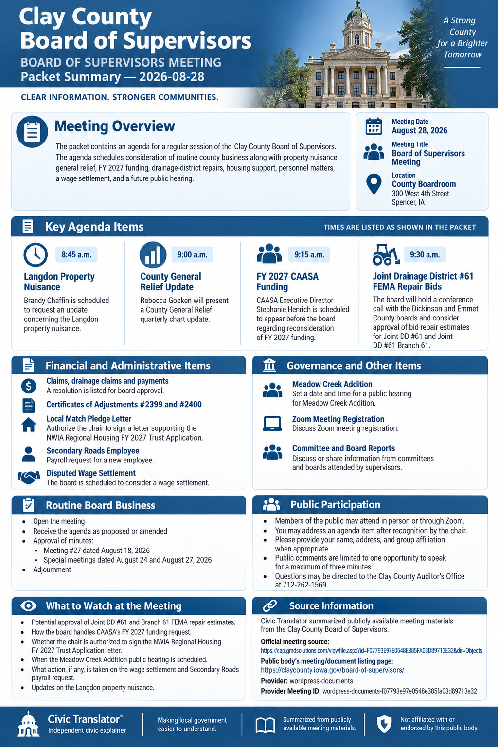 Civic Translator agenda summary infographic for Clay County Board of Supervisors on August 28, 2026
