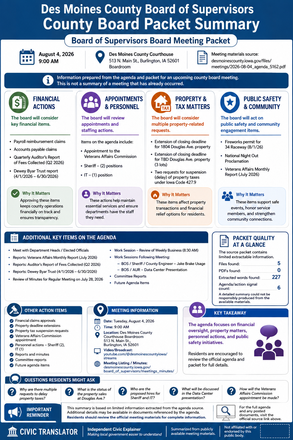 Des Moines County Board of Supervisors — Board of Supervisors Meeting Packet Summary — August 4, 2026 infographic