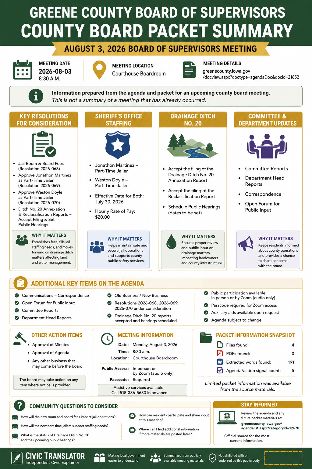 Greene County Board of Supervisors — Board of Supervisors Meeting Packet Summary — August 3, 2026 infographic