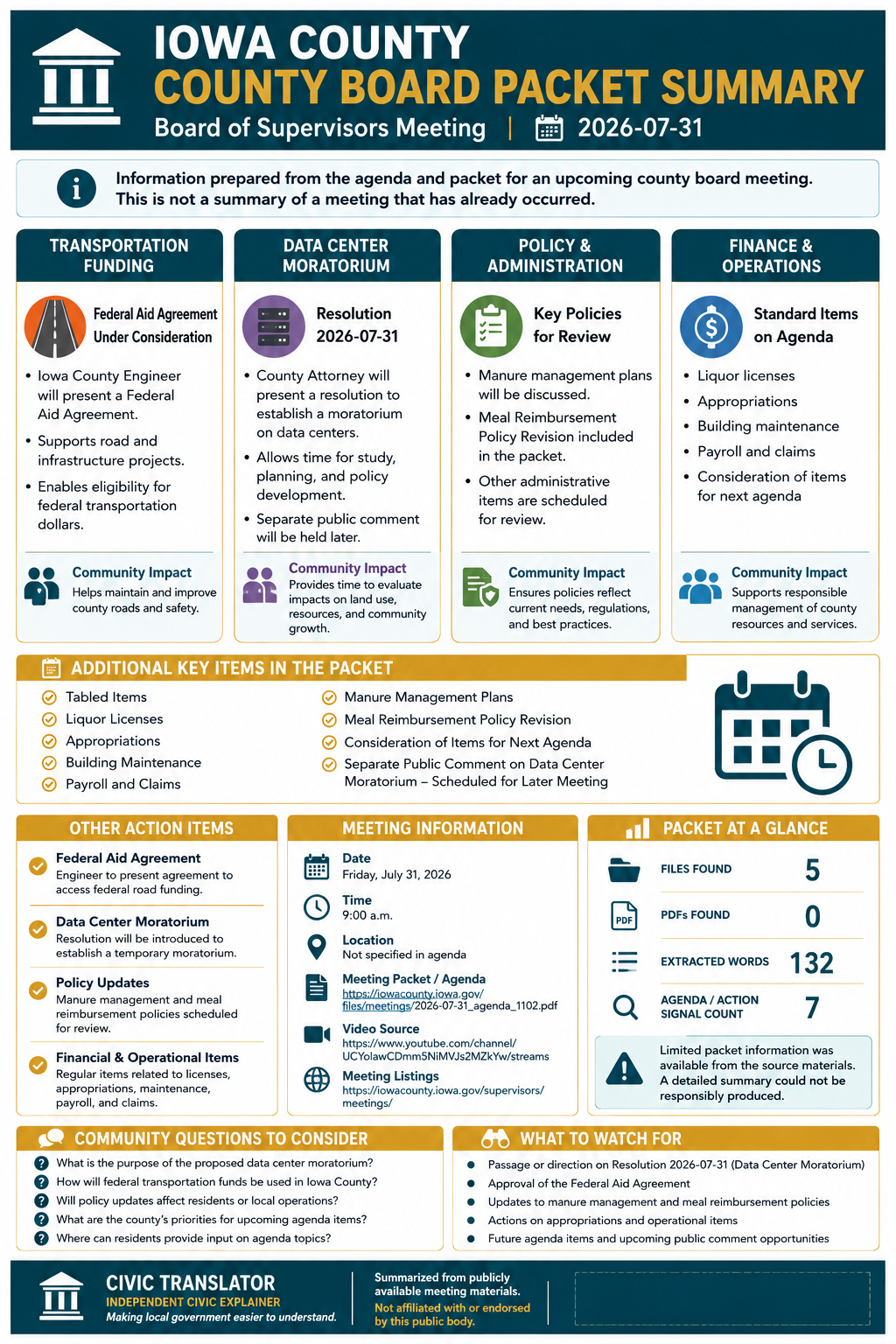 Iowa County — Board of Supervisors Meeting — Packet Summary — July 31, 2026 infographic