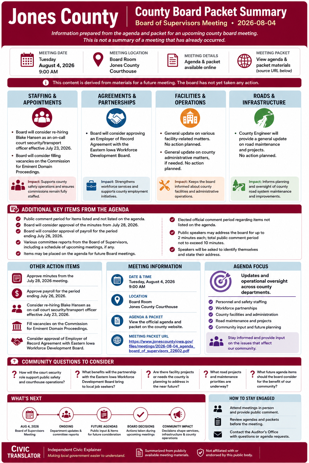Jones County — Board of Supervisors Meeting Packet Summary — August 4, 2026 infographic