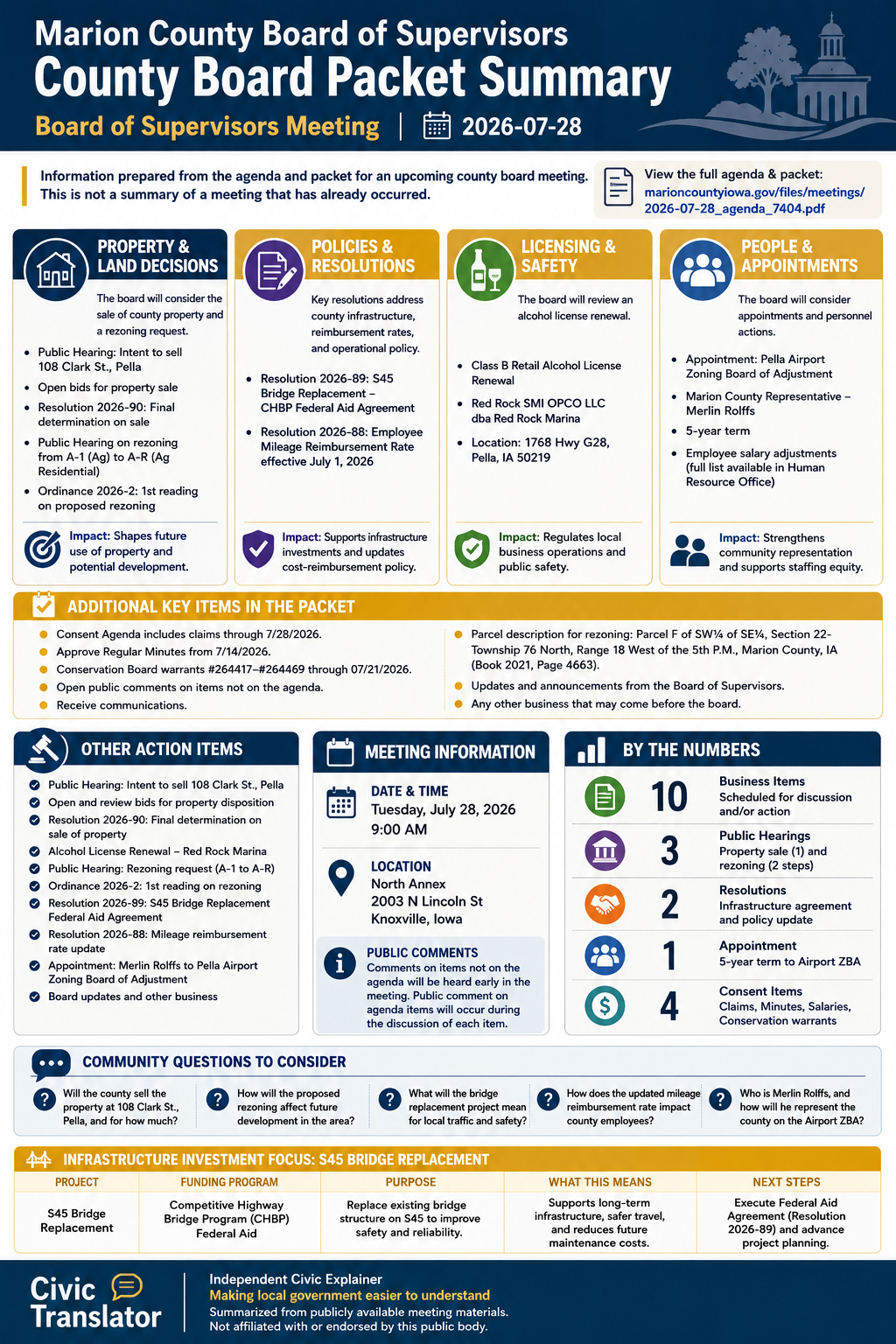 Marion County Board of Supervisors — Board of Supervisors Meeting Packet Summary — July 28, 2026 infographic
