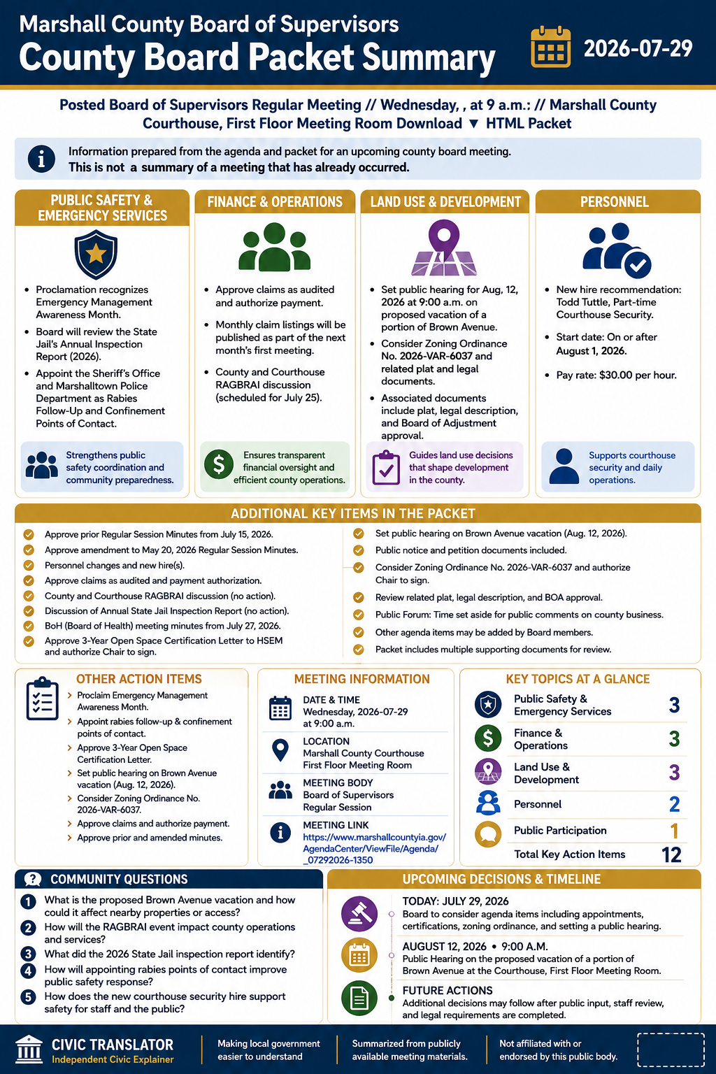 Marshall County Board of Supervisors — Board of Supervisors Meeting Packet Summary — July 29, 2026 infographic