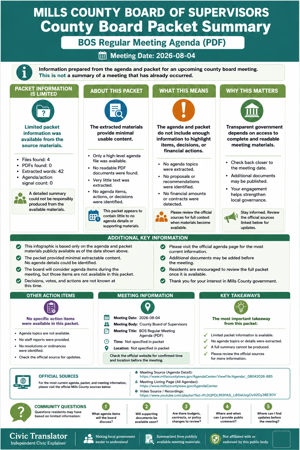Mills County Board of Supervisors — Board of Supervisors Meeting Packet Summary — August 4, 2026 infographic