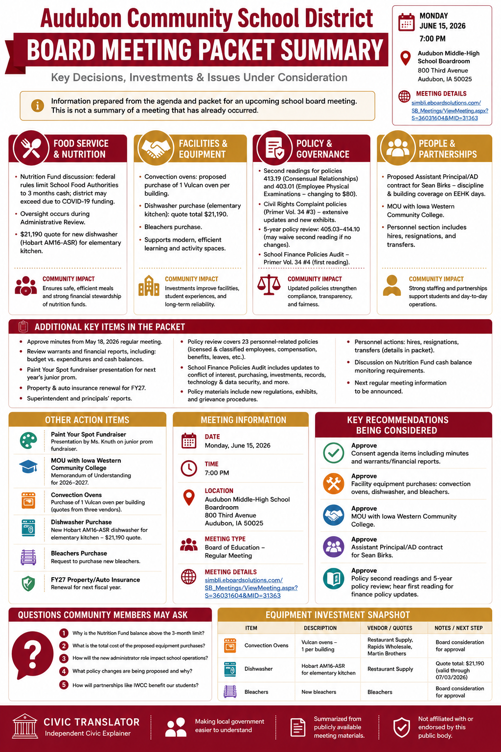 Audubon Community School District — School Board Meeting Packet Summary — June 15, 2026 infographic