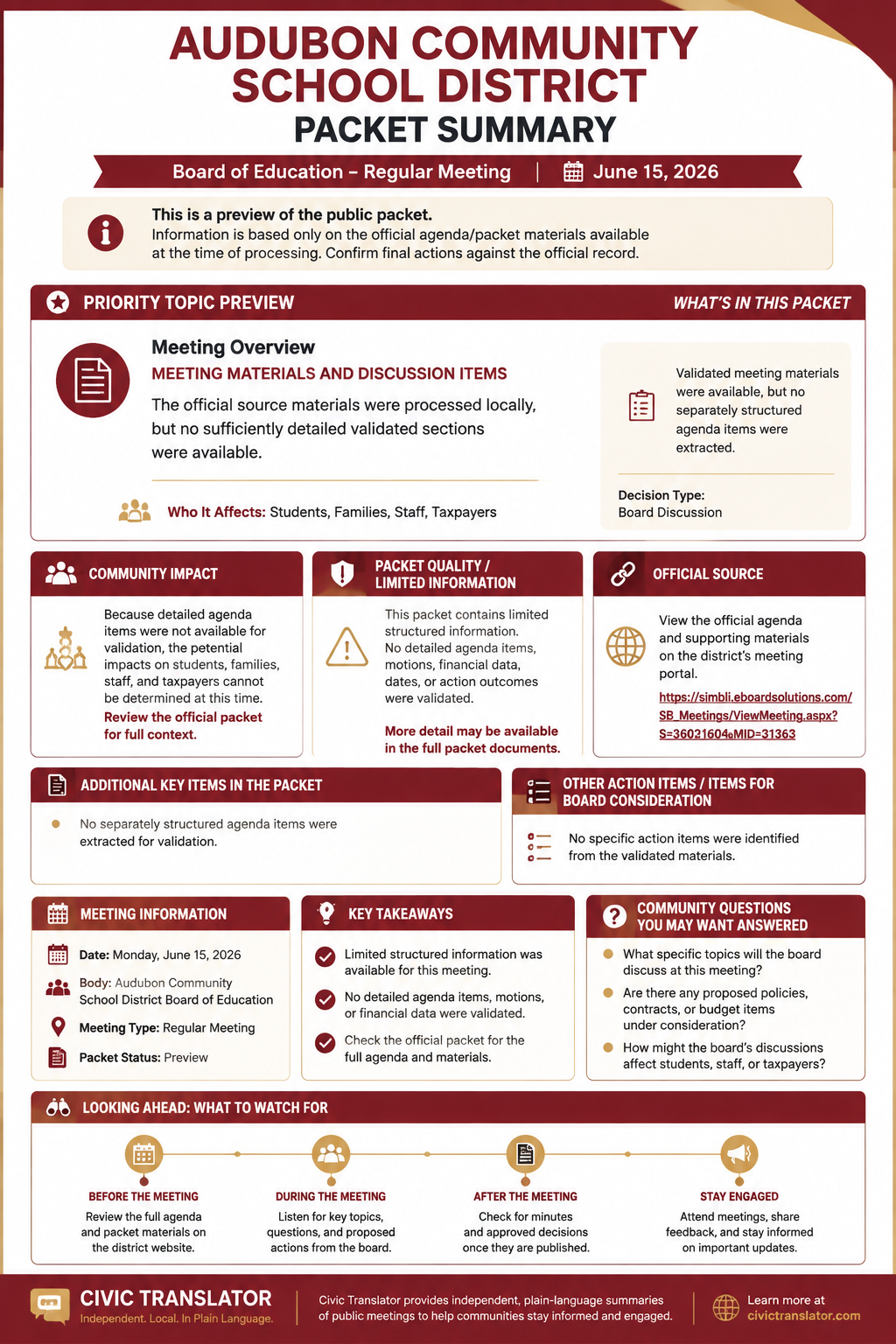 Audubon Community School District — School Board Meeting — Packet Summary — June 15, 2026 infographic