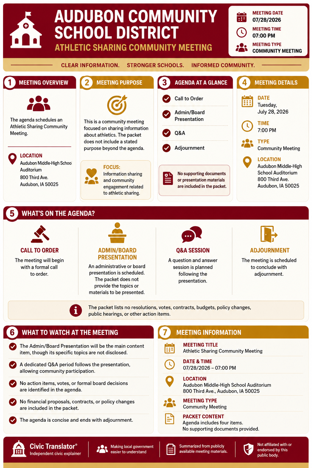Civic Translator agenda summary infographic for Audubon Community School District on July 28, 2026