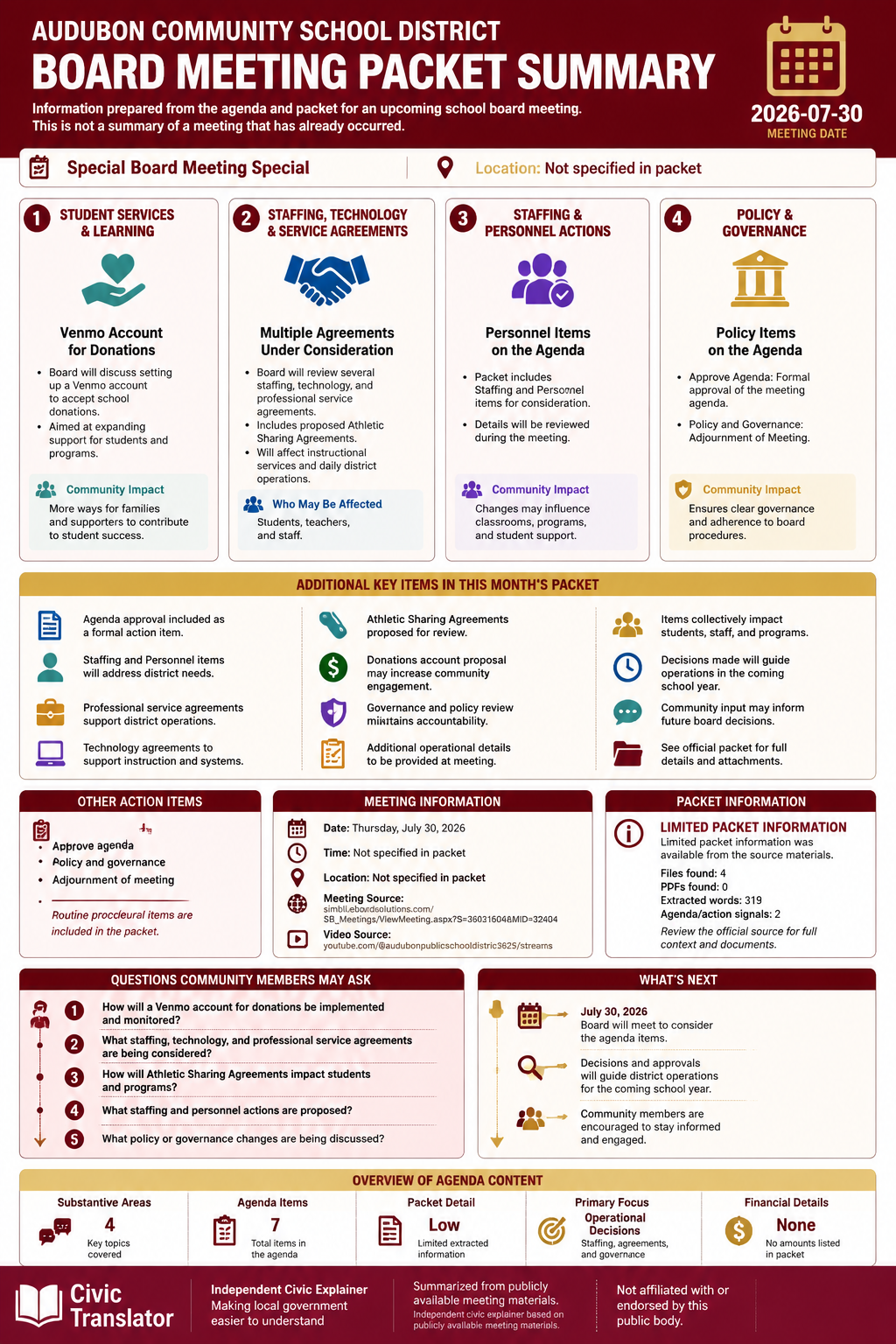 Audubon Community School District โ School Board Meeting โ Packet Summary โ July 30, 2026 infographic