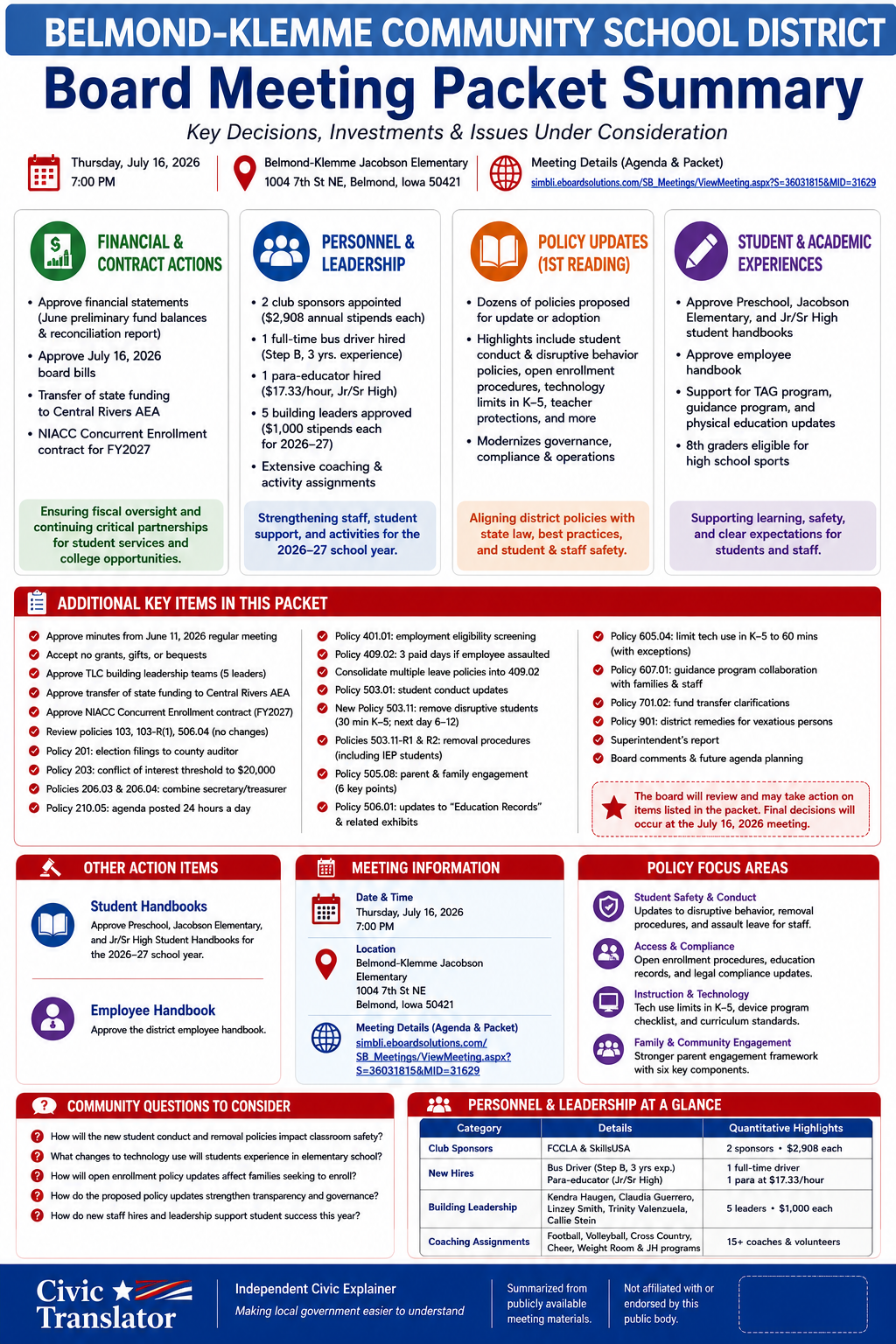 Belmond-Klemme Community School District — School Board Meeting Packet Summary — July 16, 2026 infographic