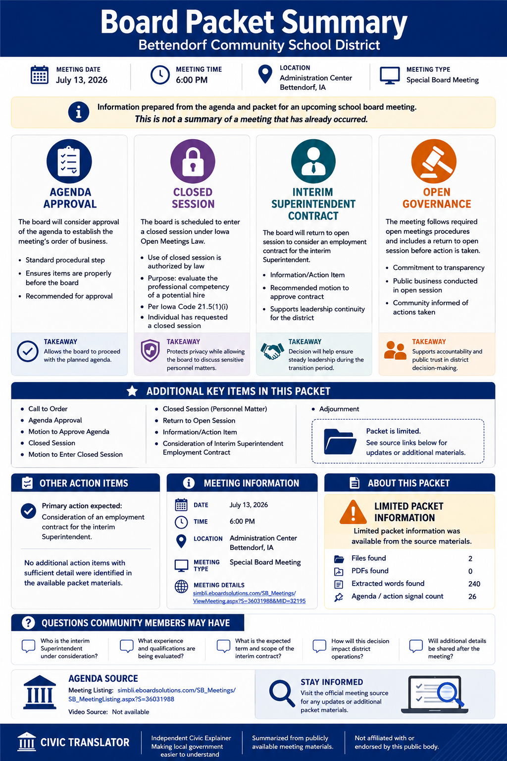 Bettendorf Community School District — School Board Meeting Packet Summary — July 13, 2026 infographic