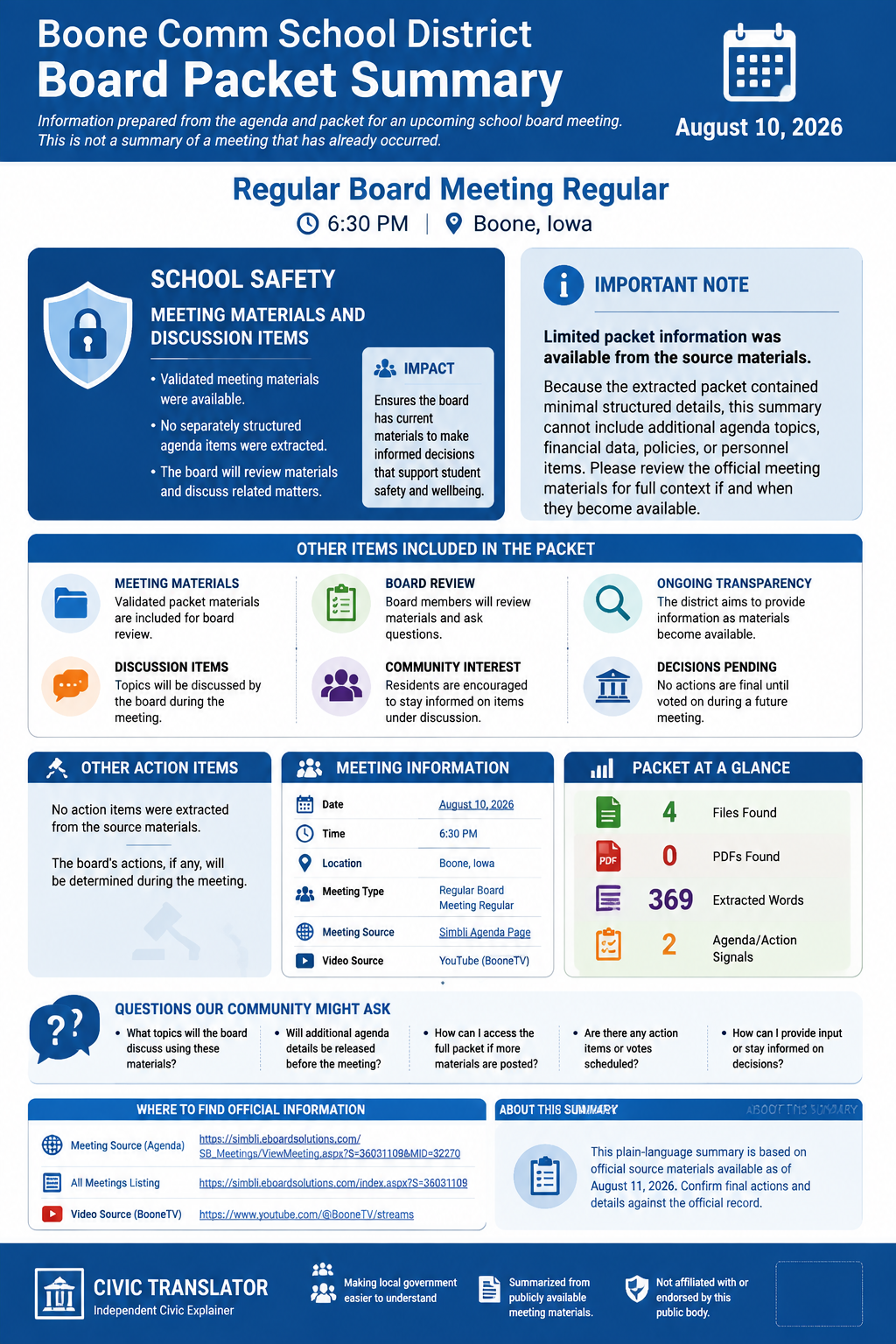 Boone Comm School District โ School Board Meeting โ Packet Summary โ August 10, 2026 infographic