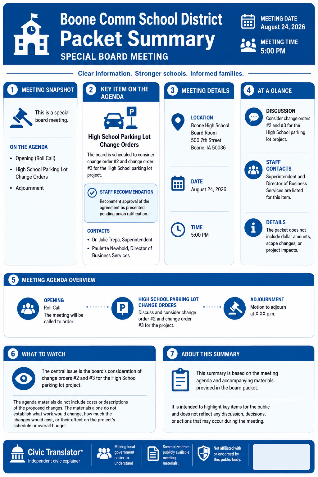 Civic Translator agenda summary infographic for Boone Comm School District on August 24, 2026