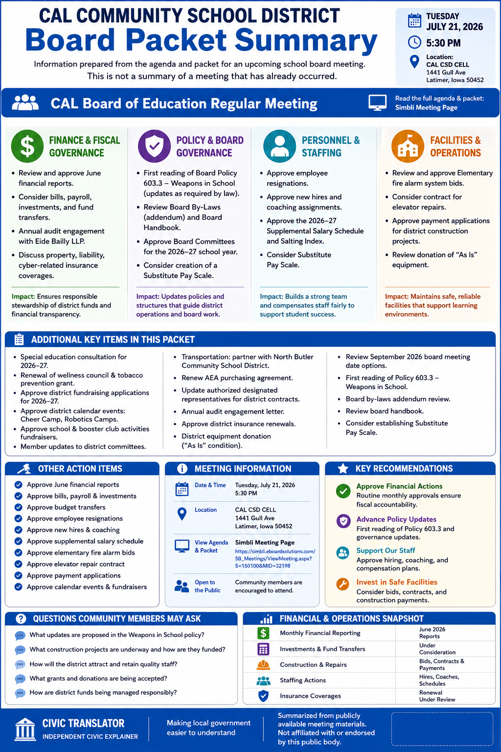 CAL Community School District โ School Board Meeting โ Packet Summary โ July 21, 2026 infographic