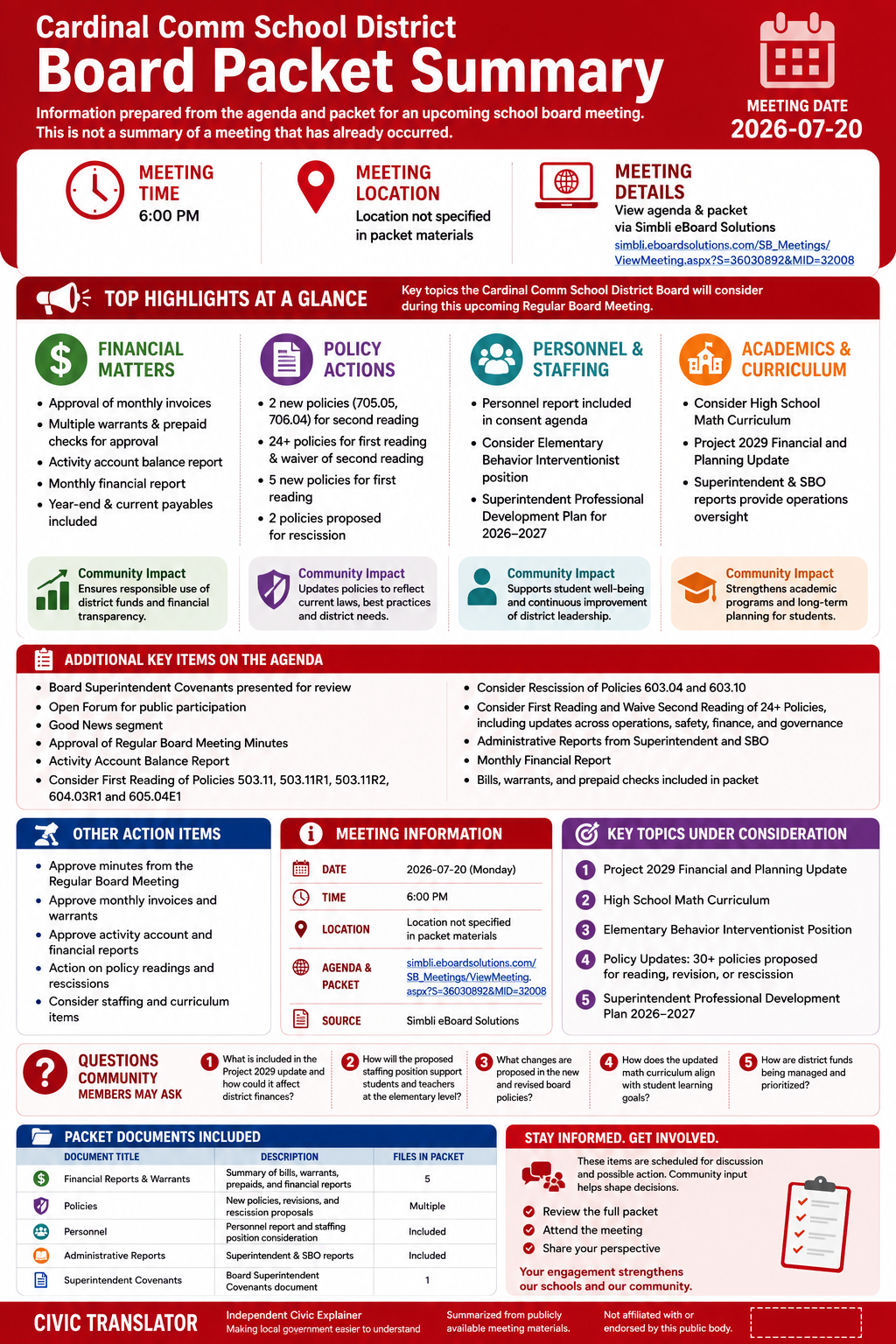 Cardinal Comm School District — School Board Meeting Packet Summary — July 20, 2026 infographic