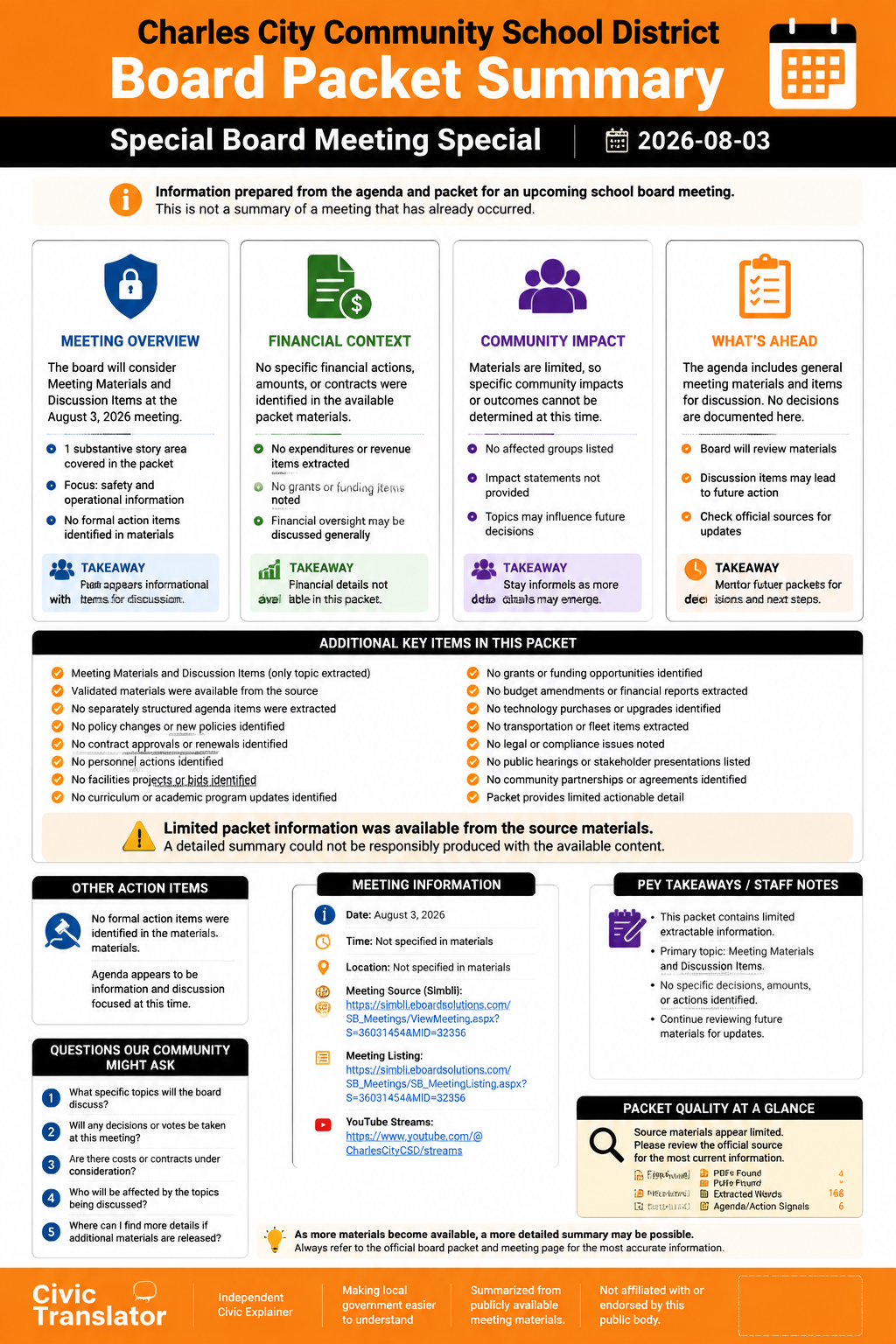 Charles City Community School District — School Board Meeting — Packet Summary — August 3, 2026 infographic