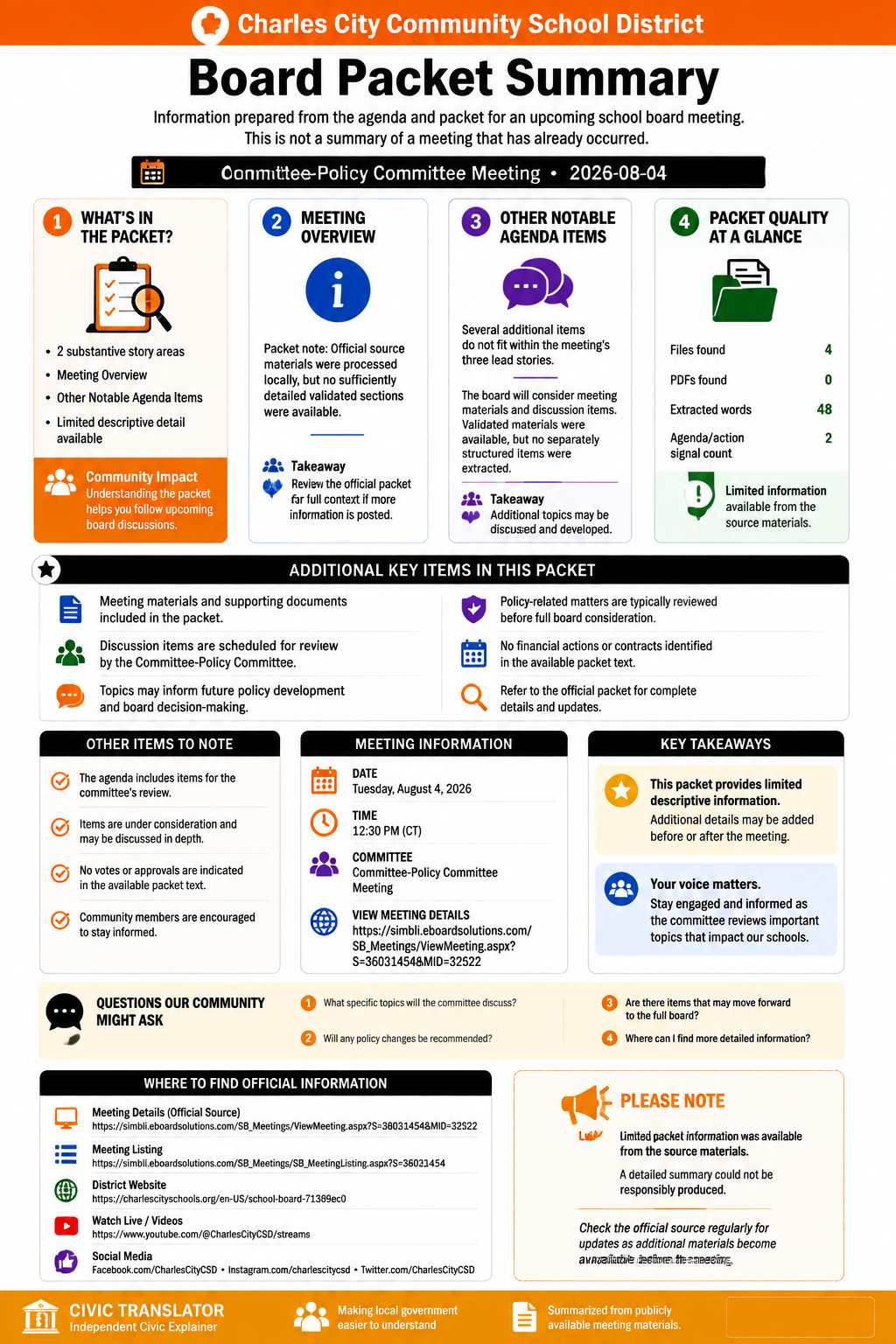 Charles City Community School District — School Board Meeting — Packet Summary — August 4, 2026 infographic