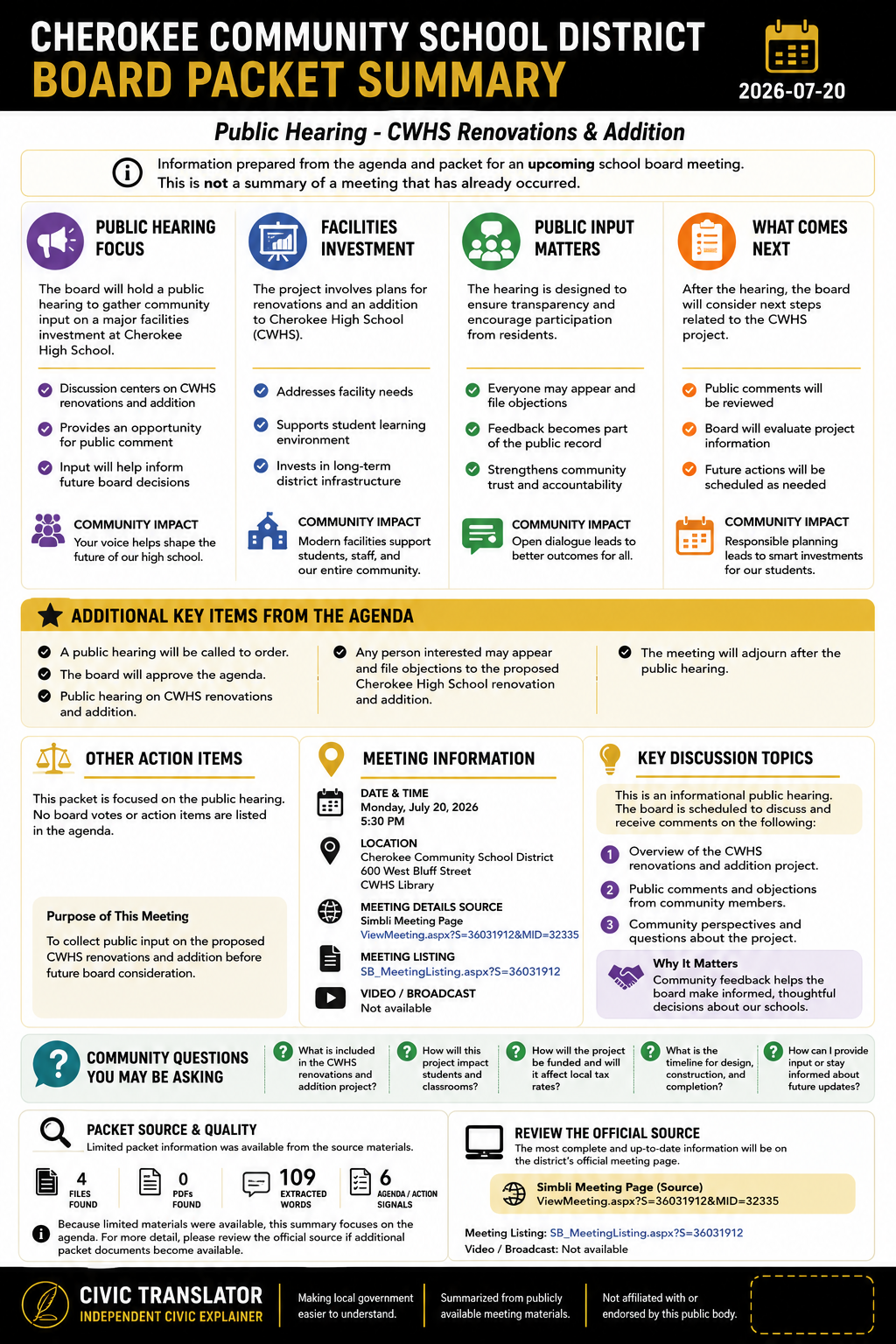 Cherokee Community School District — School Board Meeting Packet Summary — July 20, 2026 infographic