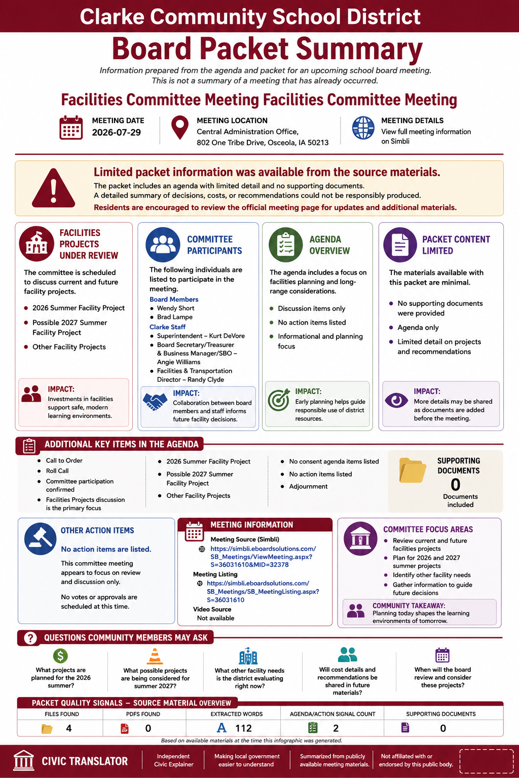 Clarke Community School District — School Board Meeting Packet Summary — July 29, 2026 infographic