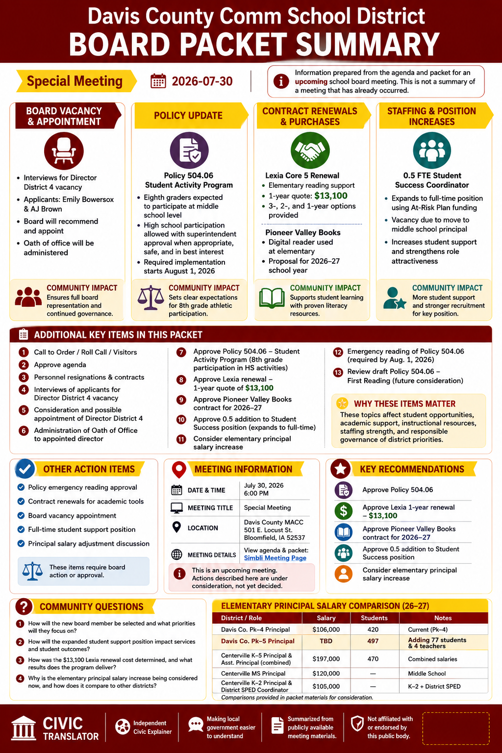 Davis County Comm School District — School Board Meeting Packet Summary — July 30, 2026 infographic