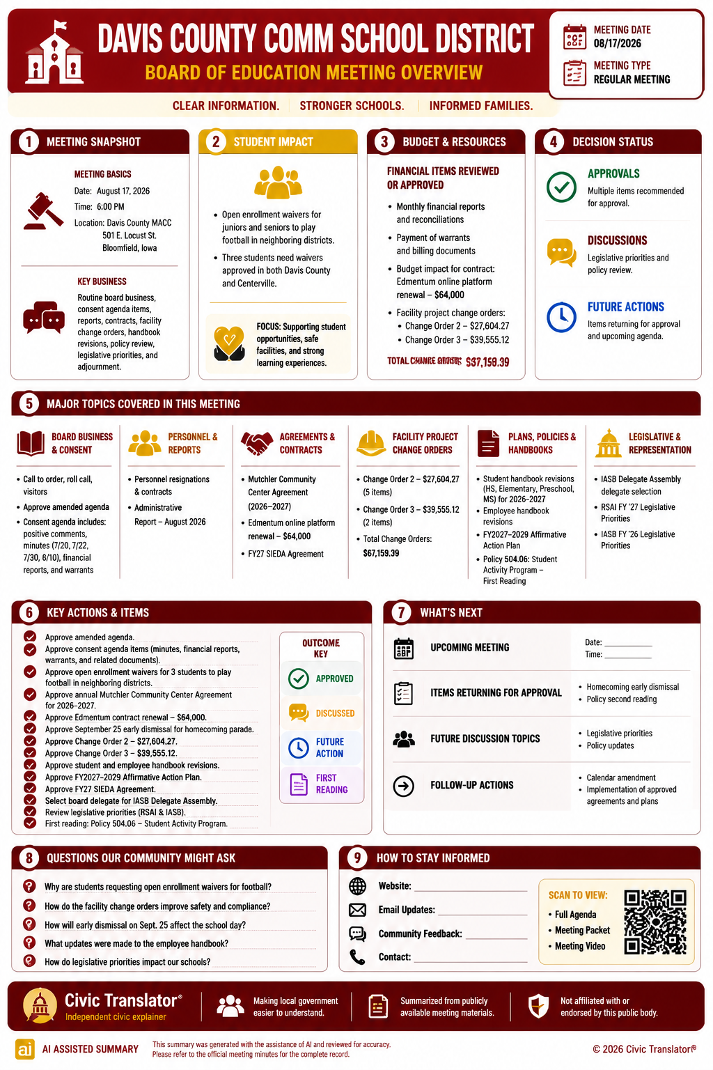 Civic Translator agenda summary infographic for Davis County Comm School District on August 17, 2026