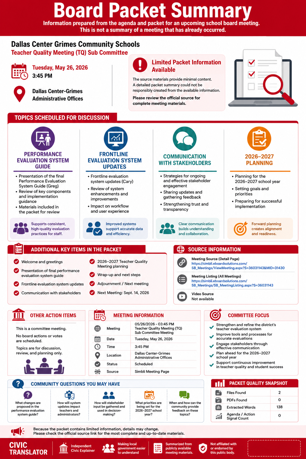 Dallas Center Grimes Community Schools — School Board Meeting Packet Summary — May 26, 2026 infographic