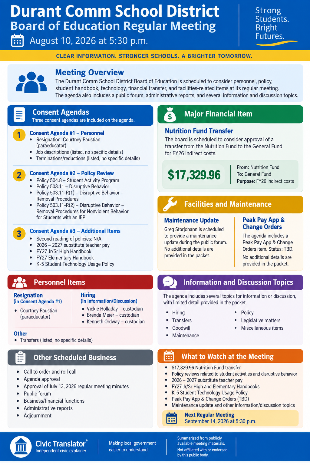Civic Translator packet summary infographic for Durant Comm School District on August 10, 2026