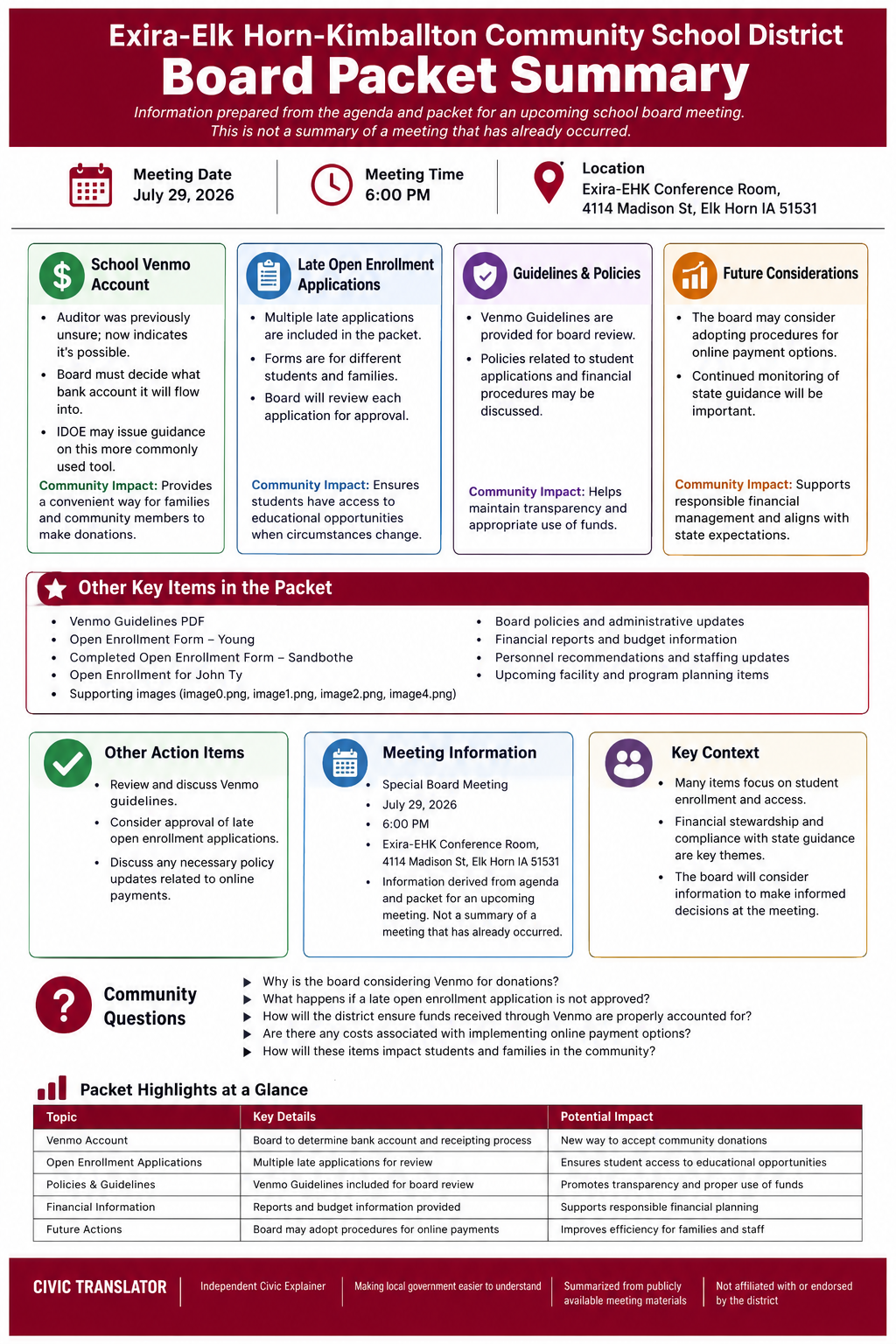 Exira-Elk Horn-Kimballton Community School District — School Board Meeting Packet Summary — July 29, 2026 infographic