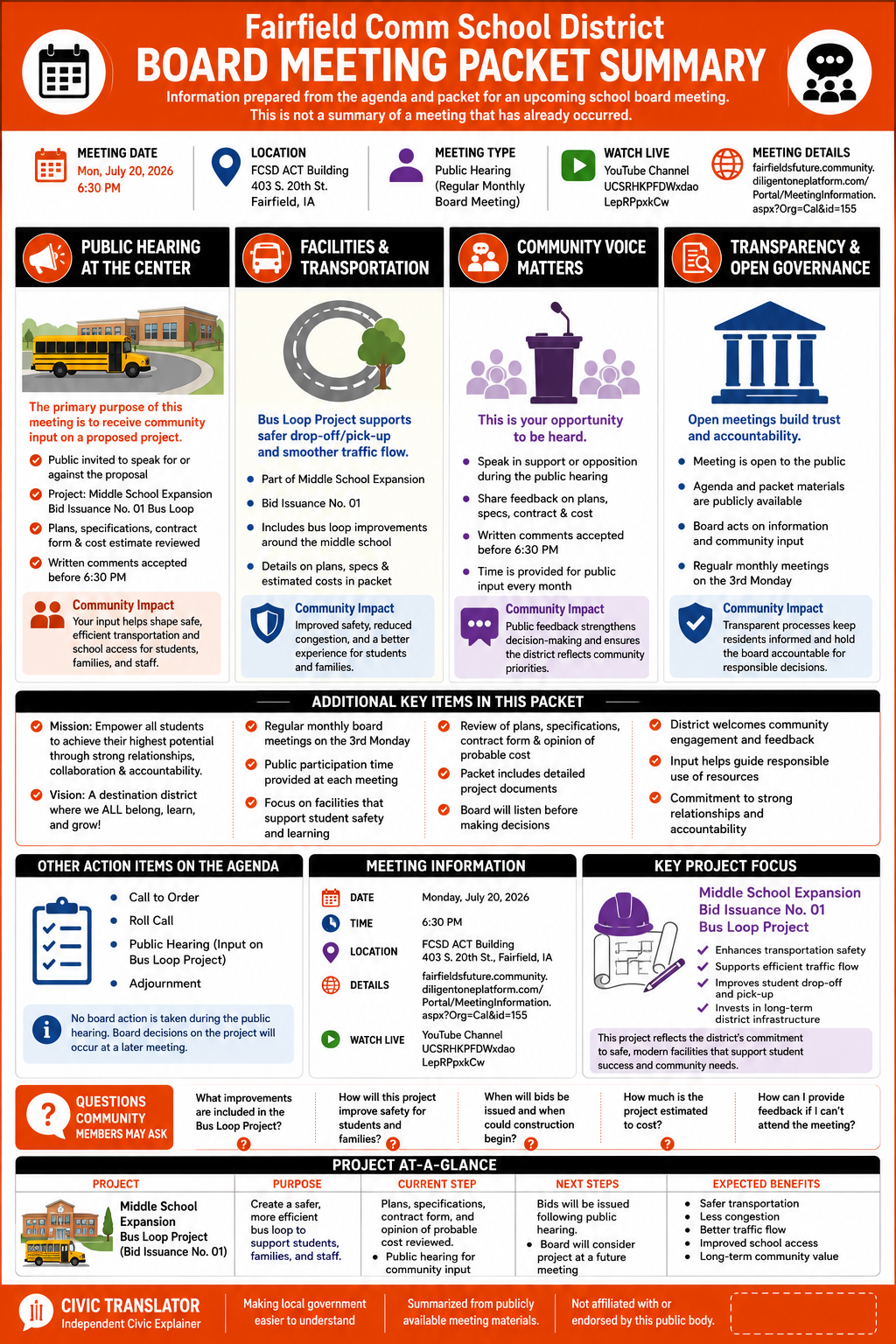 Fairfield Comm School District — School Board Meeting Packet Summary — July 20, 2026 infographic