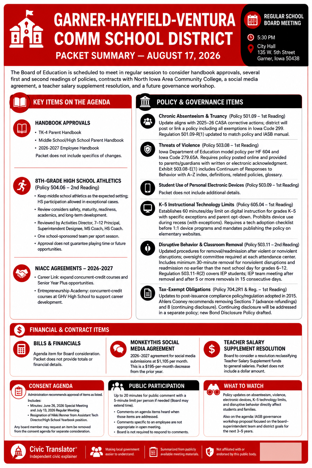 Civic Translator agenda summary infographic for Garner-Hayfield-Ventura Comm School District on August 17, 2026