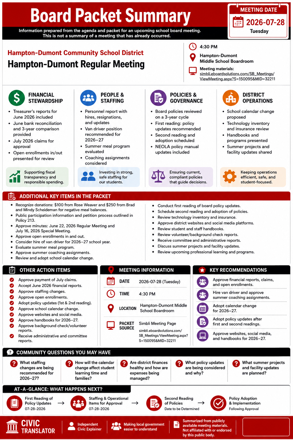 Hampton-Dumont Community School District — School Board Meeting Packet Summary — July 28, 2026 infographic