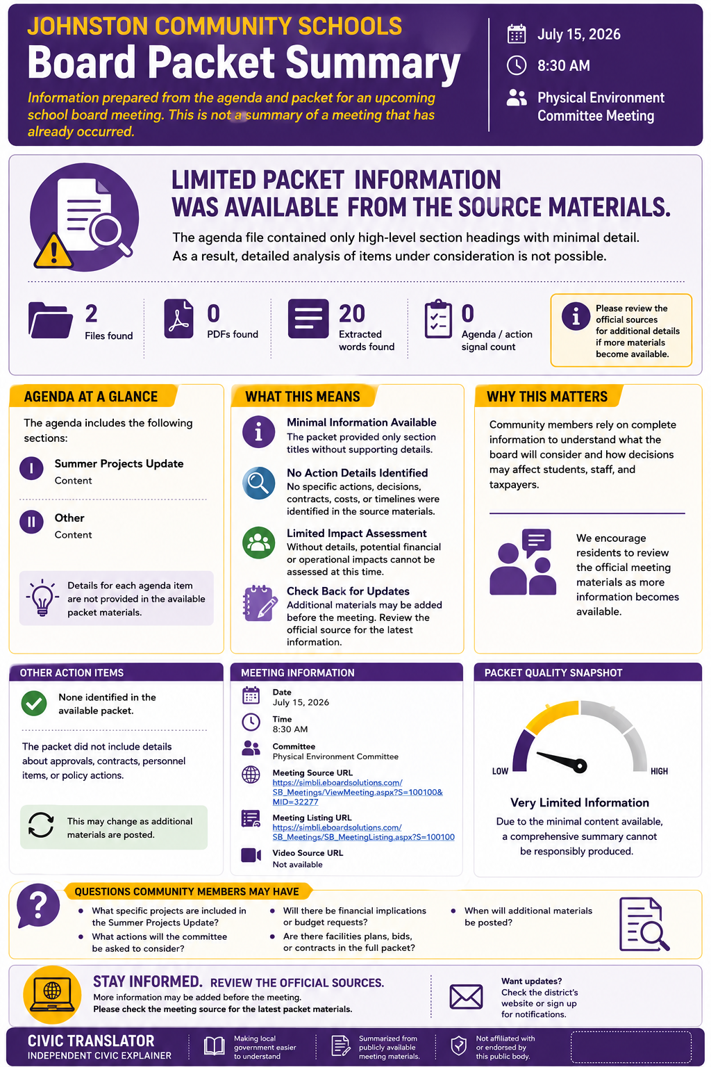 Johnston Community Schools — School Board Meeting Packet Summary — July 15, 2026 infographic