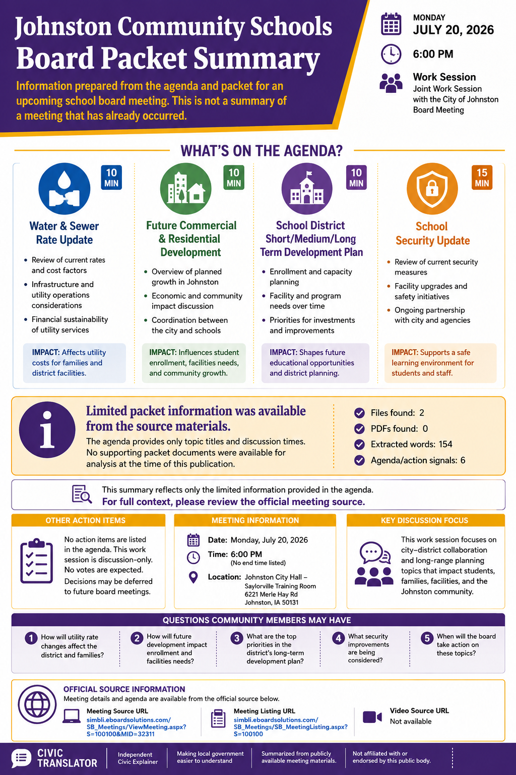 Johnston Community Schools — School Board Meeting Packet Summary — July 20, 2026 infographic