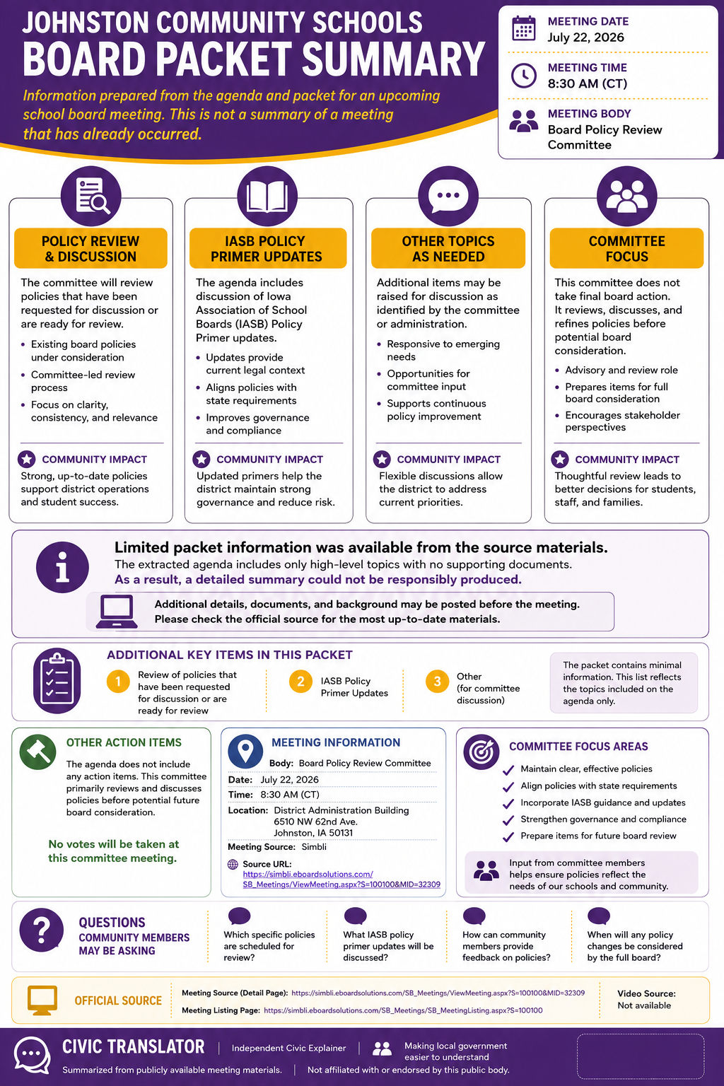 Johnston Community Schools — School Board Meeting Packet Summary — July 22, 2026 infographic