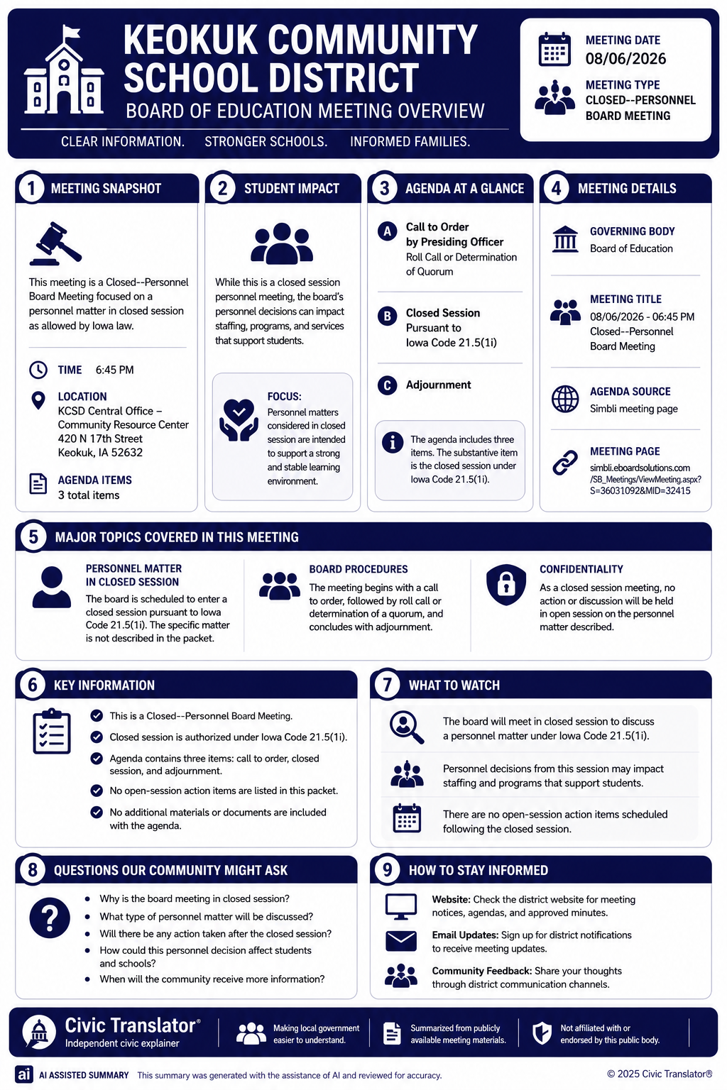 Civic Translator agenda summary infographic for Keokuk Comm School District on August 6, 2026