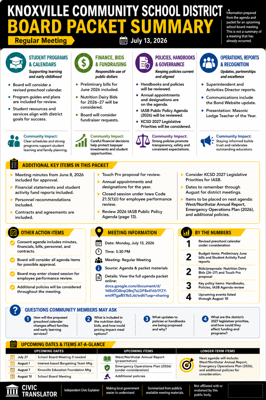 Knoxville Community School District — School Board Meeting Packet Summary — July 13, 2026 infographic