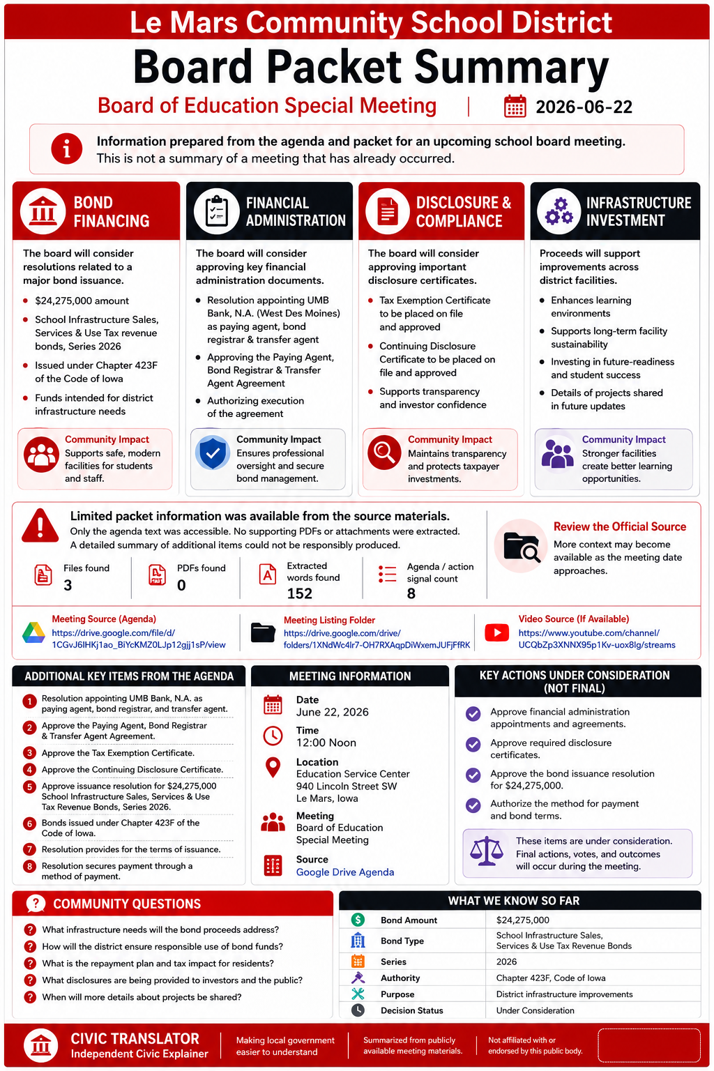 Le Mars Community School District — School Board Meeting Packet Summary — June 22, 2026 infographic