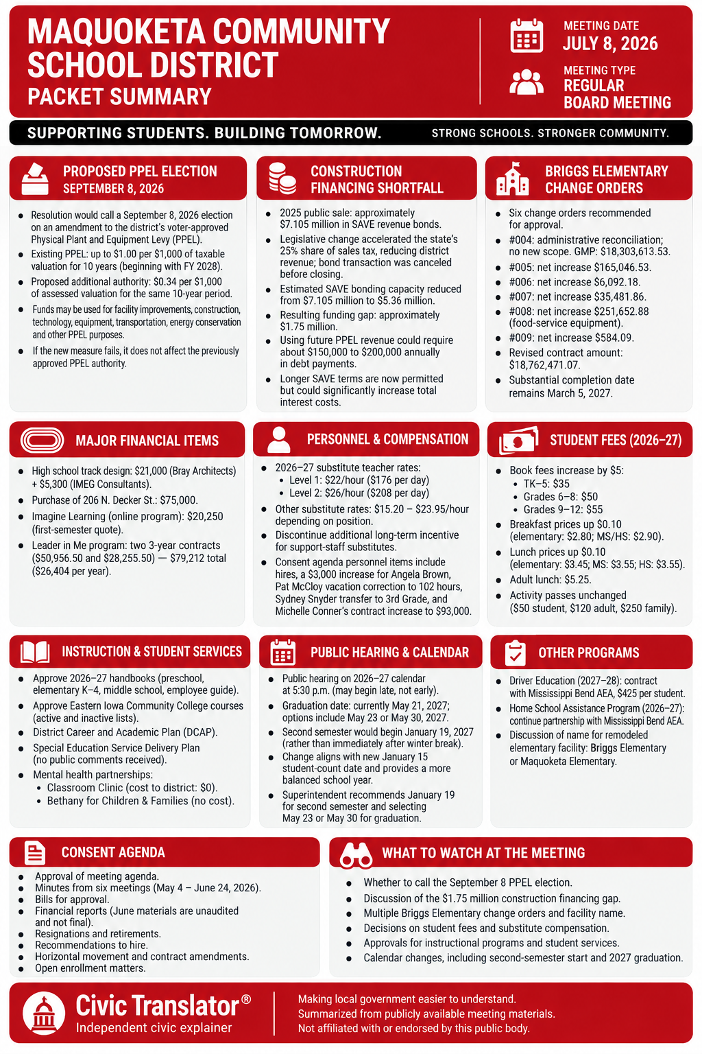 Maquoketa Community School District — School Board Meeting Packet Summary — July 8, 2026 infographic
