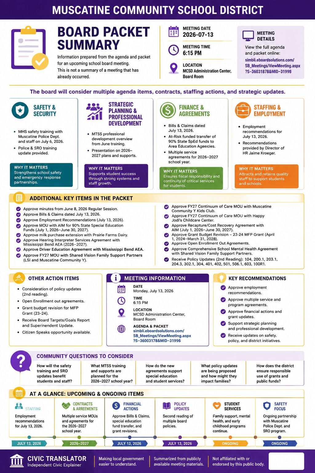 Muscatine Community School District — School Board Meeting Packet Summary — July 13, 2026 infographic