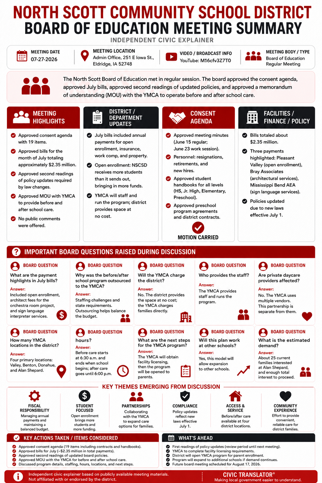 North Scott Community School District — School Board Meeting Summary — July 27, 2026 infographic